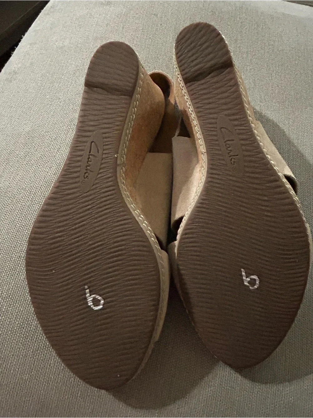 Clarks Light Beige Suede Open-Toe Slingback Wedge Sandals